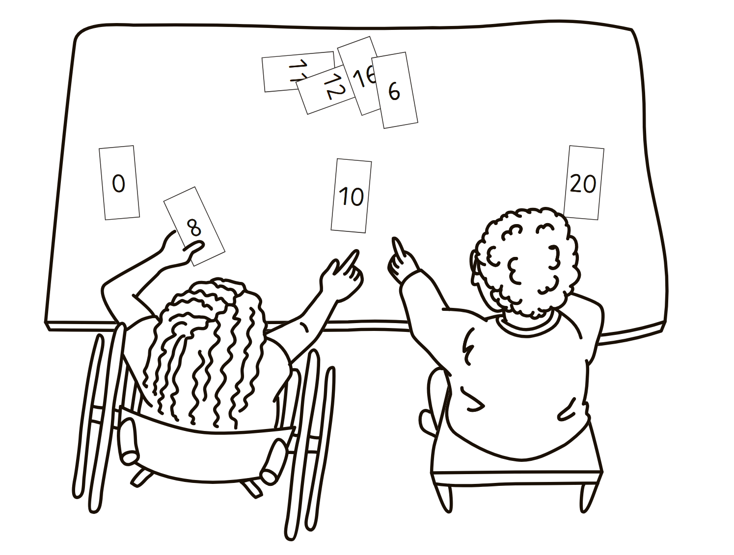 Abbildung von zwei Kindern an einem Tisch mit Zahlenkarten
