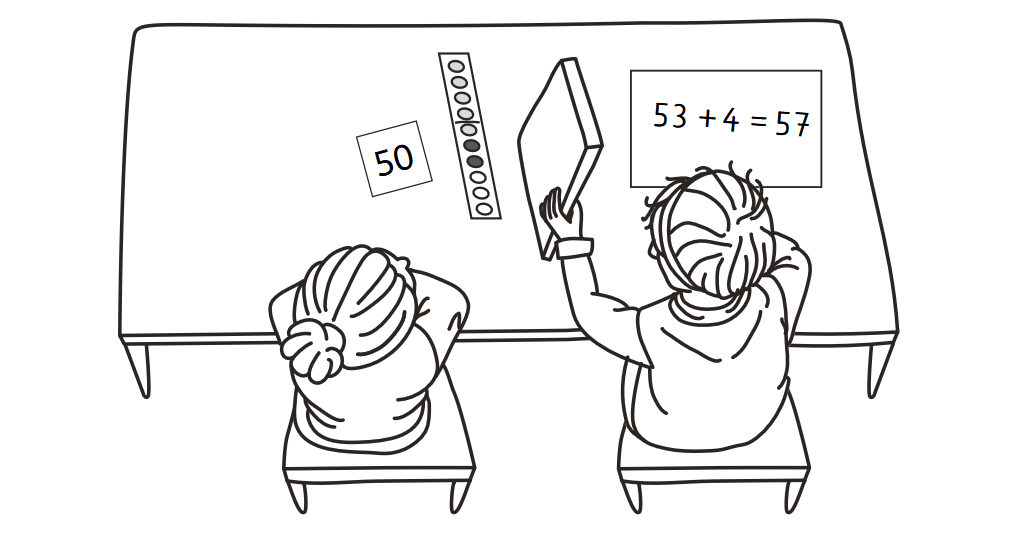 Zwei Kinder an einem Tisch mit Punktestreifen und Rechenaufgabe. Sichtschutz zwischen den Kindern