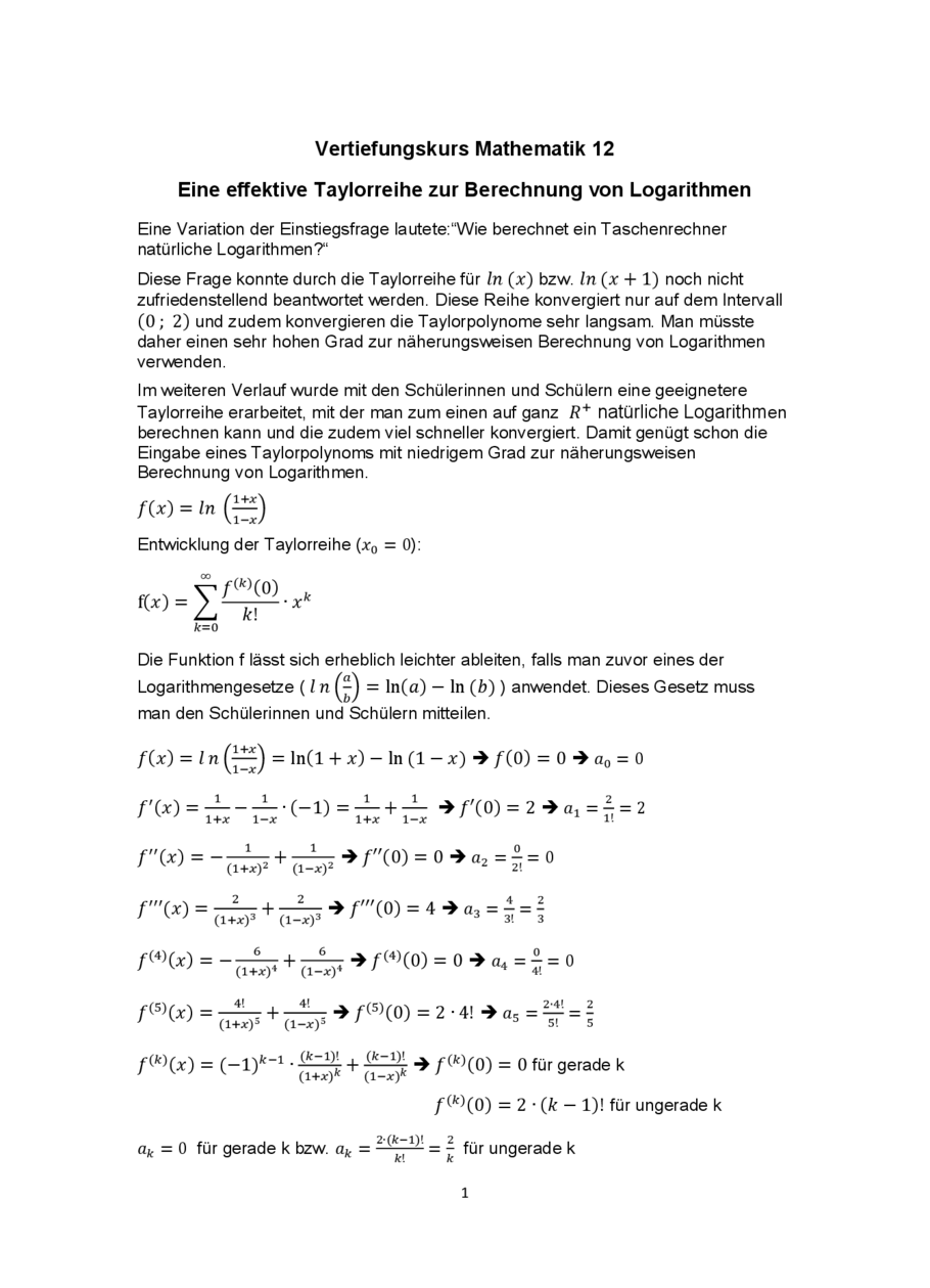 Effektive Taylorreihen zur Berechnung von Logarithmen, Seite 1