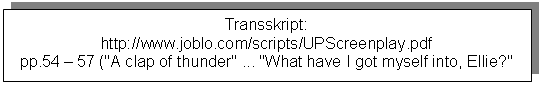Textfeld: Transskript: 
http://www.joblo.com/scripts/UPScreenplay.pdf
pp.54 – 57 ("A clap of thunder" ... "What have I got myself into, Ellie?" 
