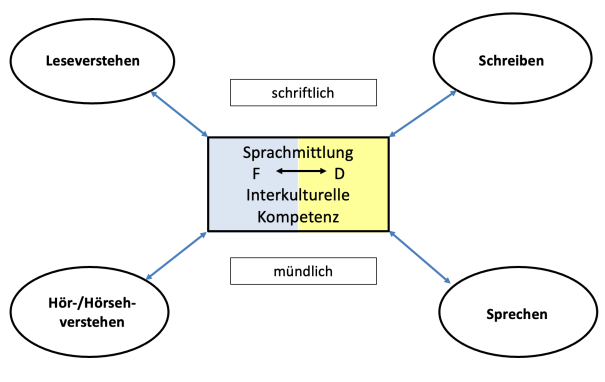 Das Bild zeigt ein Schaubild zur Sprachmittlung und interkulturellen Kompetenz. In der Mitte befindet sich ein Rechteck mit den Begriffen Sprachmittlung, Interkulturelle Kompetenz und den Pfeilen F ↔ D. Von diesem Rechteck führen Pfeile zu vier ovalen Feldern: oben links Leseverstehen, oben rechts Schreiben, unten links Hör-/Hörseh-verstehen  und unten rechts Sprechen. Zwischen den oberen Feldern steht schriftlich und zwischen den unteren Feldern mündlich