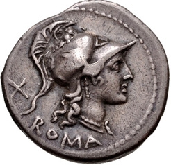 Denarius mit der Göttin Roma; ca. 115 v. Chr.